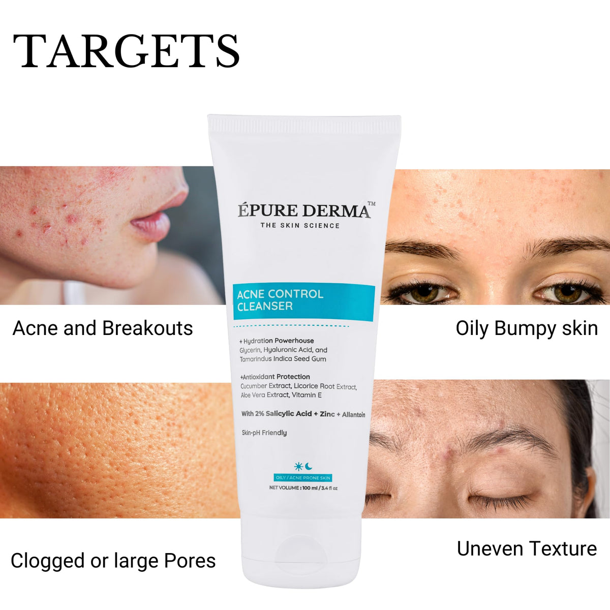 ÉPURE DERMA Anti Acne Face Cleanser with 2% Salicylic Acid + Zinc + Allantoin For Acne or Pimples | Hydrating Formula & Antioxidant Rich Face Wash For Oily Skin | Men & Women | 100 ml