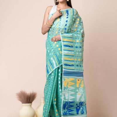 Aishwarya Sarees Women's Jamdani Cotton Sarees For Women Soft Dhakai Jamdani Bengal Pure Handloom Saree for Women. dhakai jamdani sarees for women (Sea Green)
