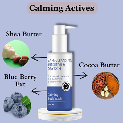 Dermistry Sensitive & Dry Skin Thick Cream Body Wash, Shea & Cocoa Butter Blue Berry, Safe Mild Gentle Cleanser, Moisturizing Revitalizing Wash For Winter, Suits All Skin Types Women Men, 200 ml