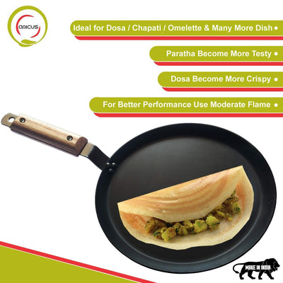 amicus Kitchen Premium Iron Tawa for Dosa Roti Chapati, Flat Iron Tava with Wooden Handle, Induction Friendly,10 Inch,1.2 Kg, Black