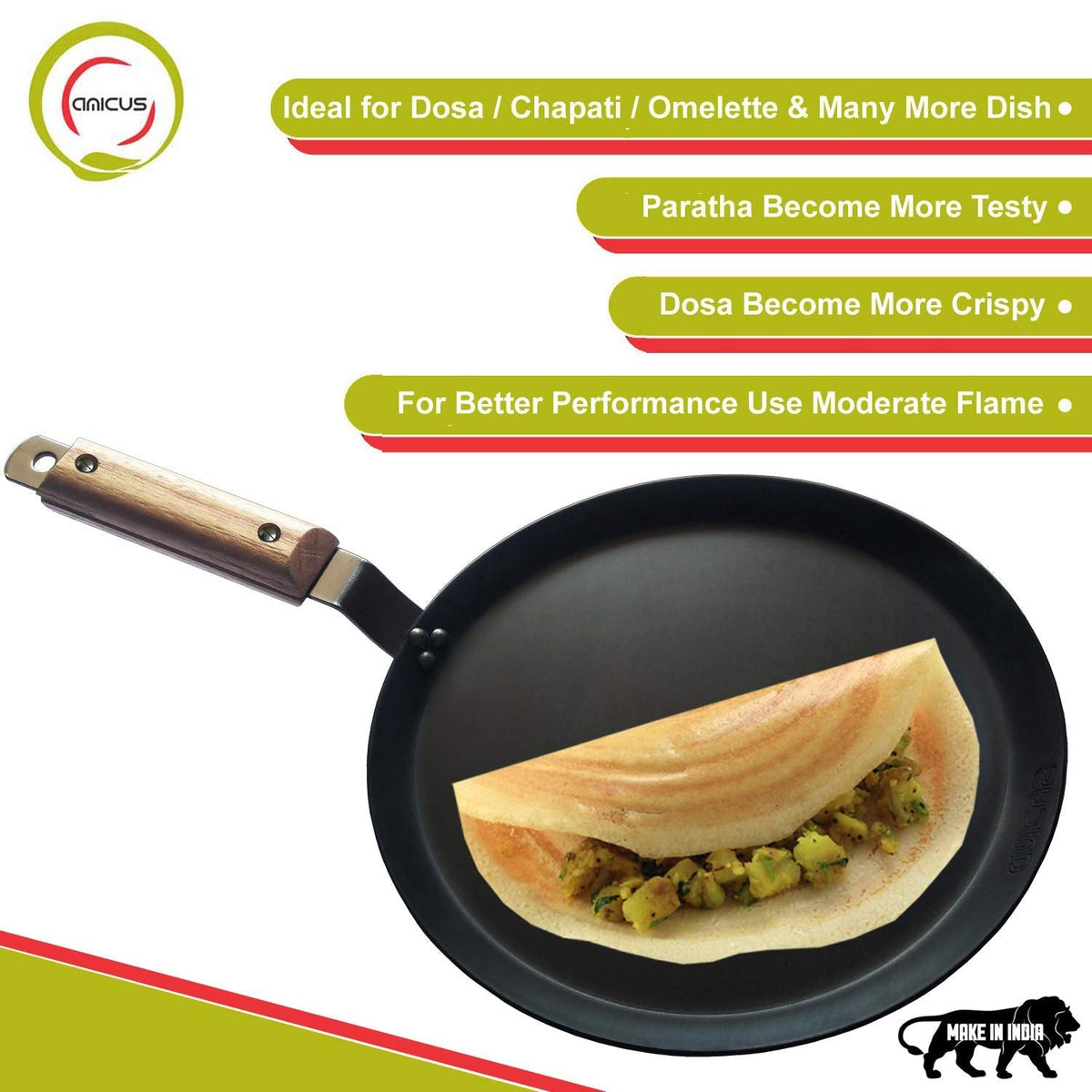 amicus Kitchen Premium Iron Tawa for Dosa Roti Chapati, Flat Iron Tava with Wooden Handle, Induction Friendly,10 Inch,1.2 Kg, Black