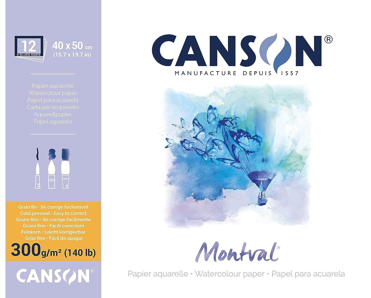 Canson Montval 40x50cm Natural White Cold Pressed 300 GSM Watercolour Paper, Glued on 4 Sides (Block of 12 Sheets)