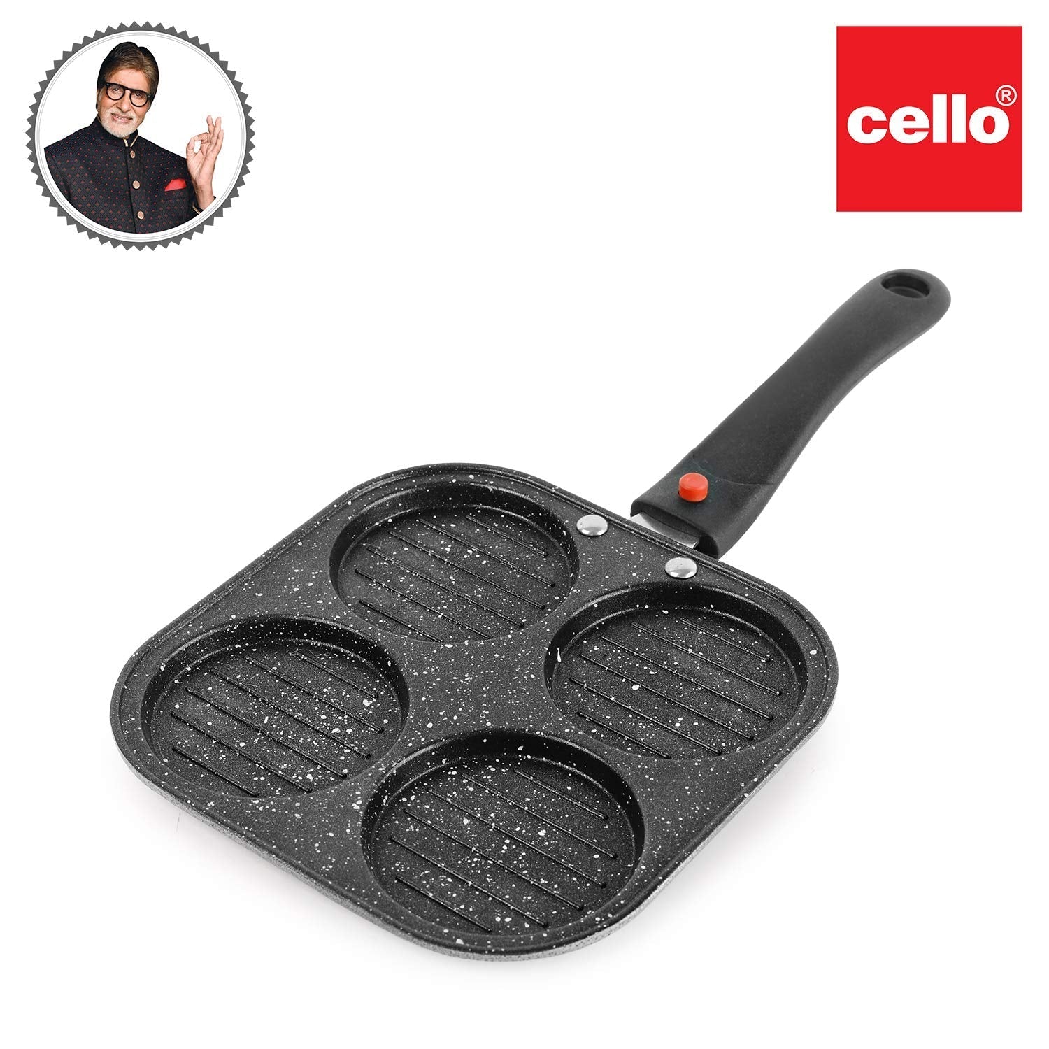 Cello Non-Stick 4- Cavity Aluminium Uttapam Maker with Spatter, Black