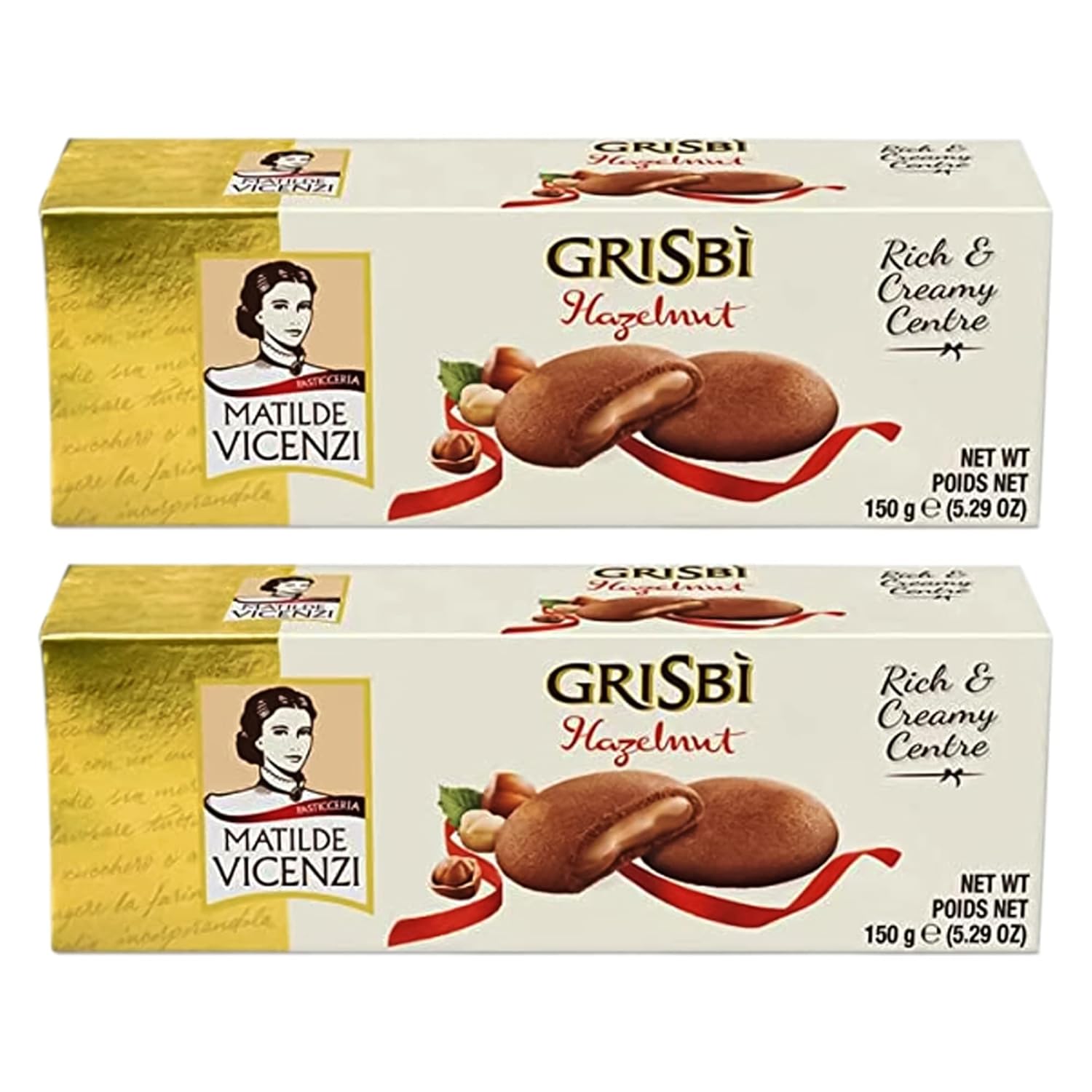 MATILDE VICENZI Grisbi Short Pastry Cookies Filled With Hazelnut Cream | GMO Free | No Preservatives & No Artifical Colours |Hazelnut Cream- 150gm(Pack of 2)