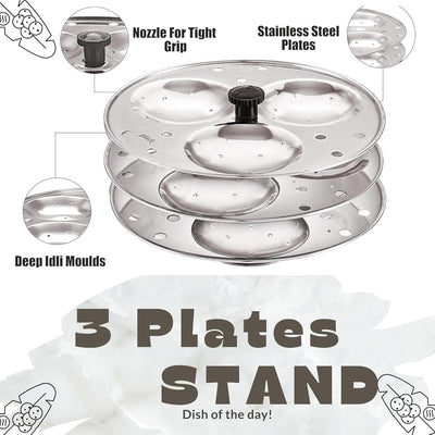Blluex Stainless Steel Heavy Quality Idli Stand For 5 Liter above Cooker Idli Maker Makes 9 Medium Size Idlis At Once With Stand Kitchen Tool 3 Plates - Silver