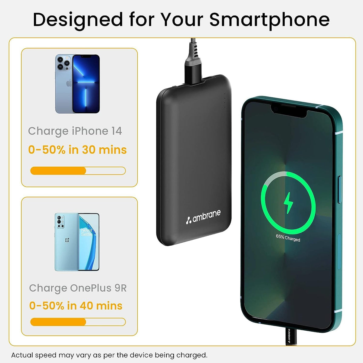 Ambrane 10000mAh Slimmest & Compact (Pocket/Bag Friendly) Powerbank, 22.5W Fast Charging, USB & Type C Output, Power Delivery, Quick Charge for iPhone, Android & Other Devices (Powerlit, Black)