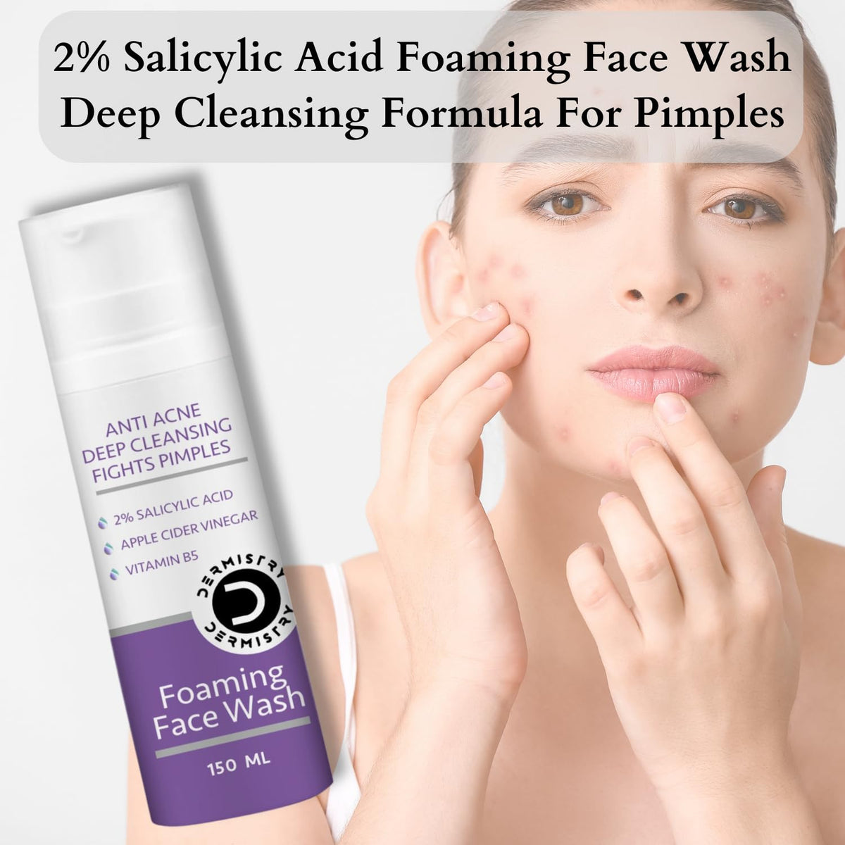 Dermistry 2% Salicylic Acid Niacinamide Anti Acne Deep Cleanser Oil Free Foaming Face Wash, Apple Cider, Zinc, Pimples & Excess Oil Removal for Oily Acne Pimple Prone Skin Men Women