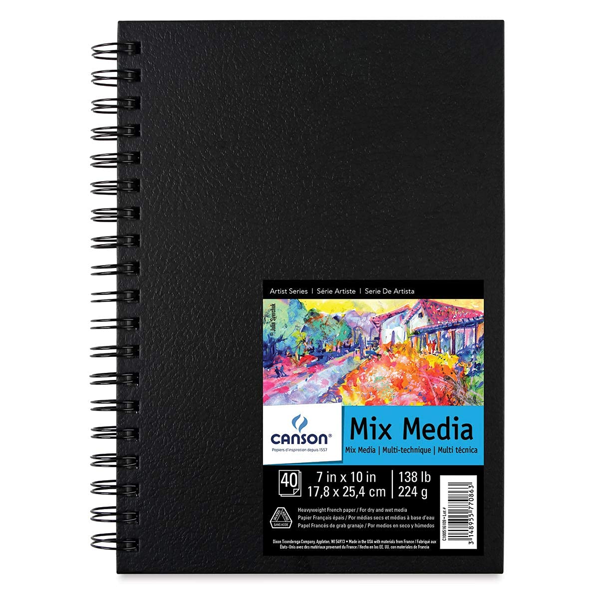 Canson Mix-Media 224 GSM Fine Grain 17.8 x 25.4 cm Drawing Paper Spiral Bound Book (White, 40 Sheets)