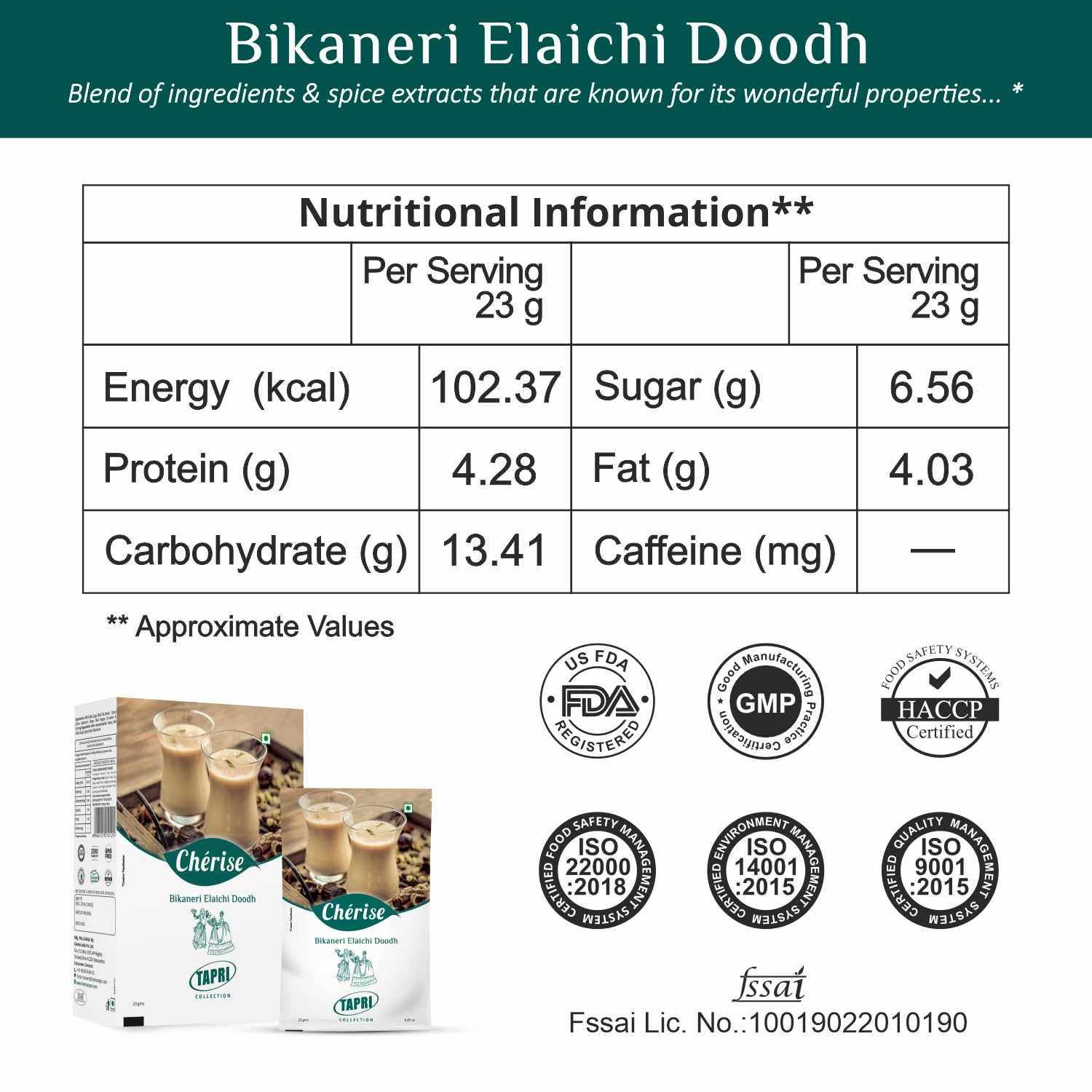 Cherise Tapri Premium Bikaneri Elaichi Doodh, Instant Milk Premix (23 g x 7 Sachets)