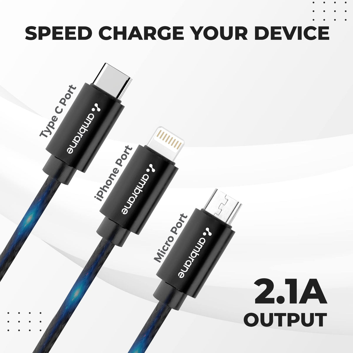Ambrane Unbreakable 3 in 1 Fast Charging Braided Multipurpose Cable for Speaker with 2.1 A Speed - 1.25 meter, Black (Pack of 2)