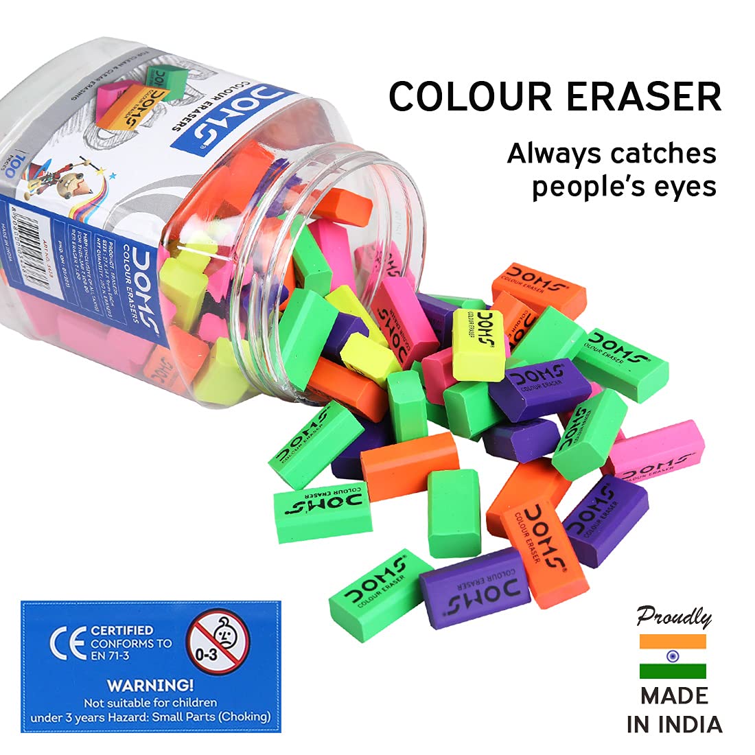 Doms Non-Toxic Dust Free Coloured Erasers Jar Pack Set