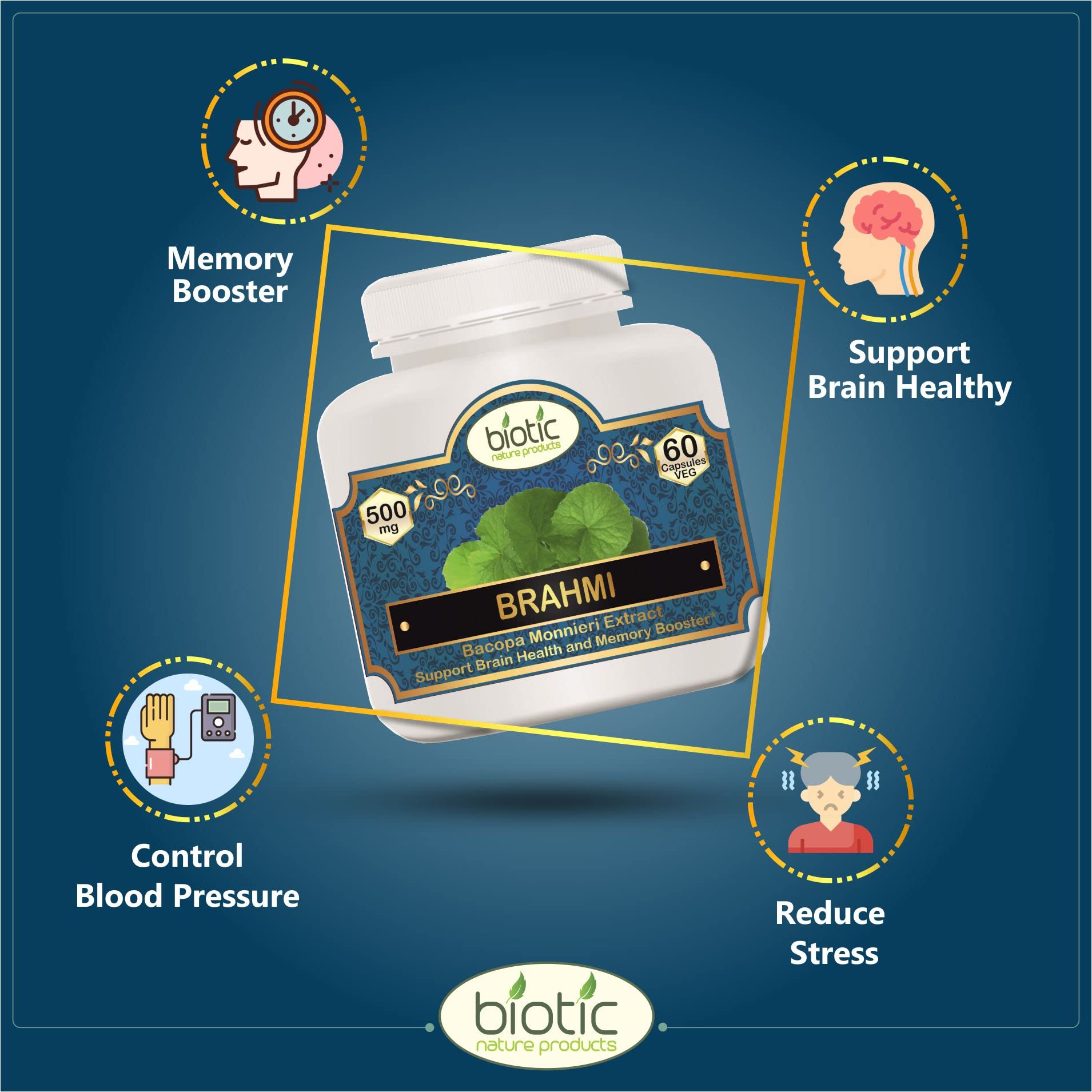 Biotic Brahmi Capsules - Bacopa Monnieri Extract 500mg - 60 Veg Capsules