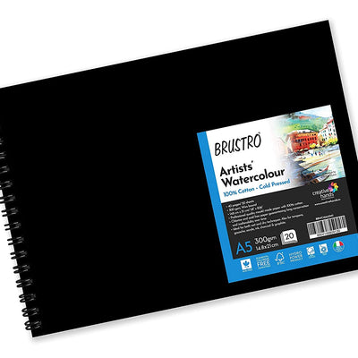 BRUSTRO Artist 100% Cotton Watercolour Wiro Bound Landscape Journal Cold Pressed 300 GSM, A5 - (20 Sheets)