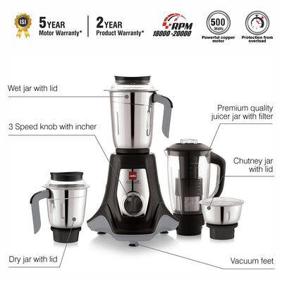 Cello Kitchenette Collection Levanate Pro Plus Mixer Grinder with 3 Jars & 1 Juicer | 500 Watts | 3X Speed Control | Set of 4 | Black
