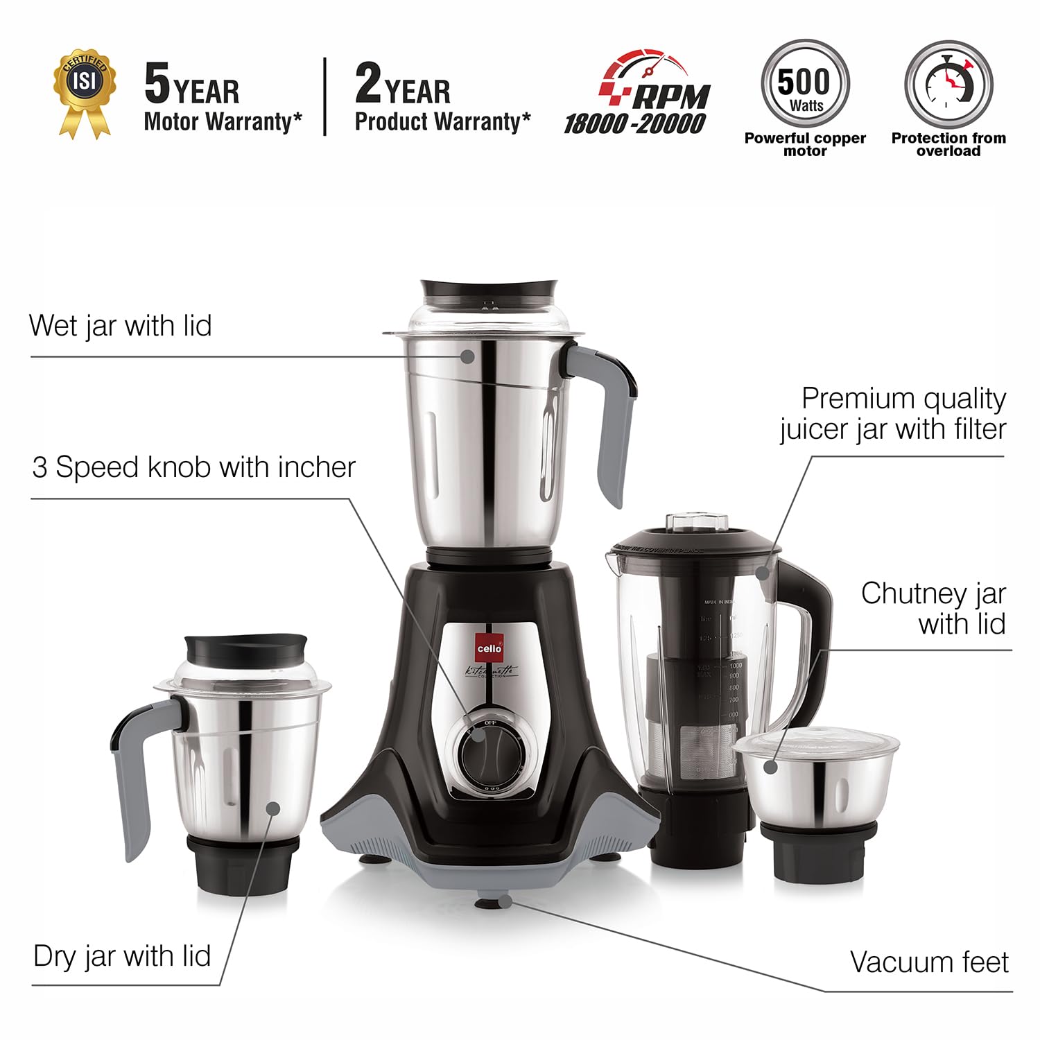 Cello Kitchenette Collection Levanate Pro Plus Mixer Grinder with 3 Jars & 1 Juicer | 500 Watts | 3X Speed Control | Set of 4 | Black