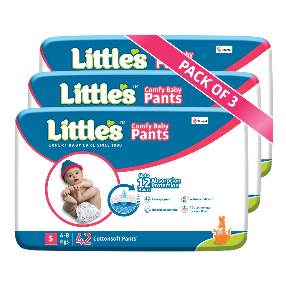3x Little's Comfy Baby Pants Diapers with Wetness Indicator and 12 Hours Absorption |Small | 126 Diapers, White