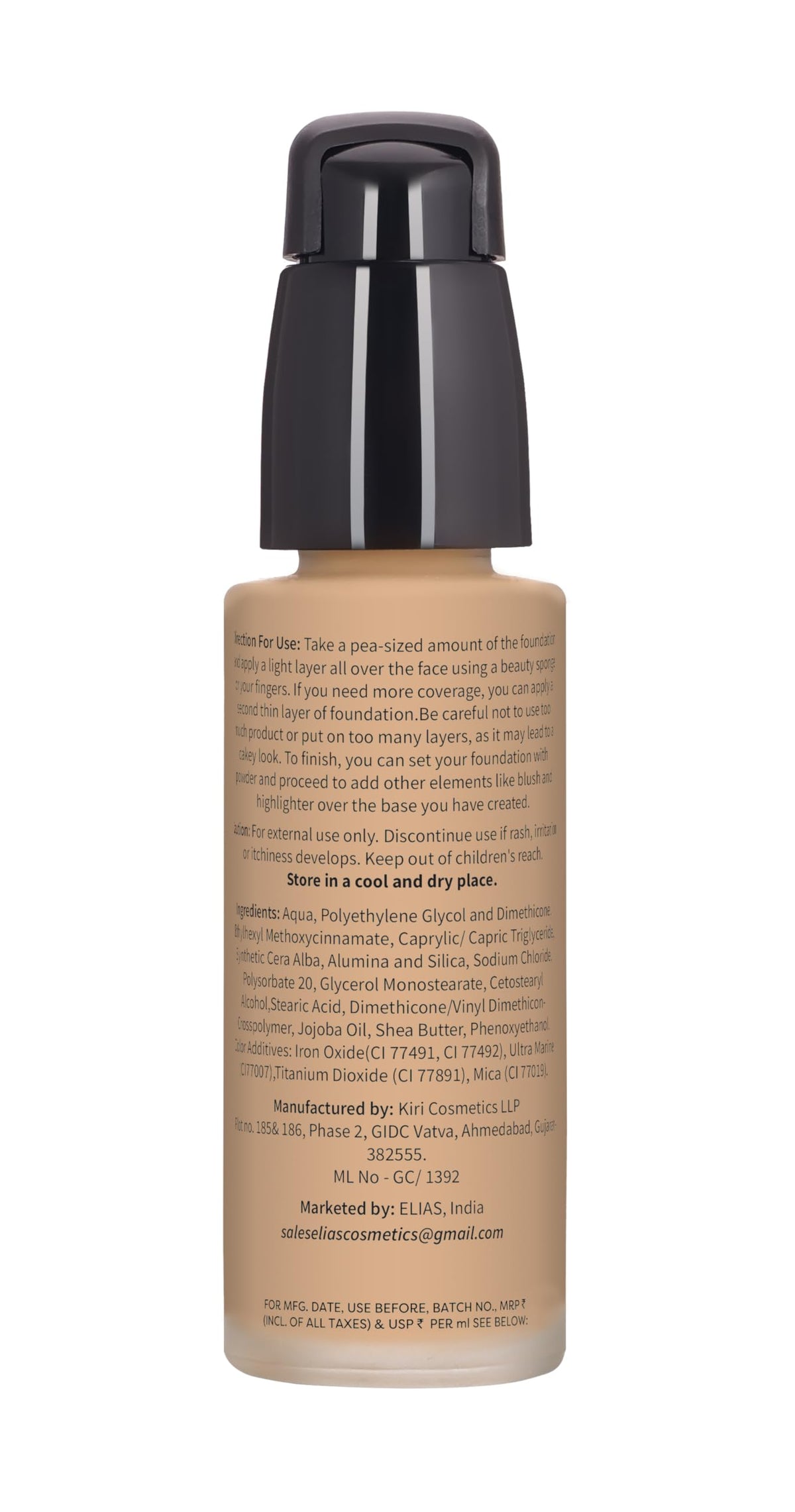 ELIAS Liquid Foundation - 30 ml Water Resistant Lasts Up to 10 Hrs Super Matte Almond Meduim,Golden Undertone Full Coverage Long Wear Illuminating (Darkest)