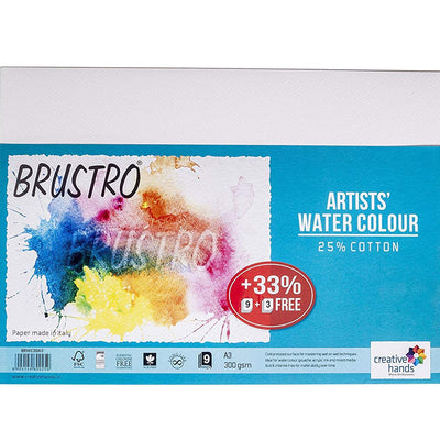 BRUSTRO Artists Watercolour Paper | 300 GSM, A3, 25% Cotton, Cold Pressed | Pack of 12 Sheets | Ideal for Artist, Professional Drawing, Painting Dry & Wet, Fine Art, School, Students, Watercolor