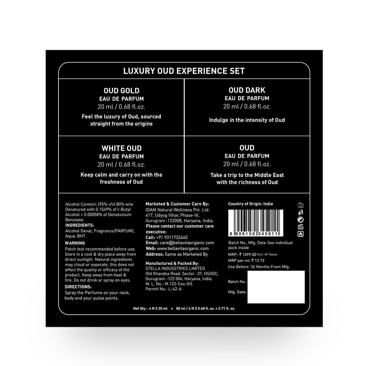 Bella Vita Luxury OUD Experience Eau De Parfum Gift Set 4 x 20ml for Men & Women with OUD, OUD GOLD,OUD DARK,WHITEOUD Perfume|Long Lasting EDP Fragrance Scent