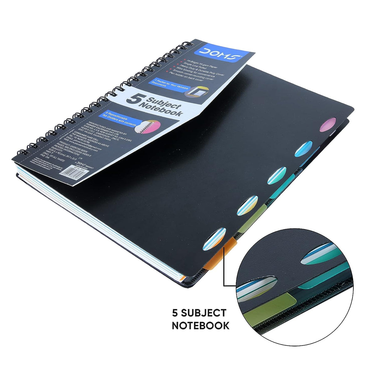 Doms Wiro Binding Notebook | 5 Subject Book | Single Line Ruled | 300 Pages | 29.7 x 21 cm | Pack of 1