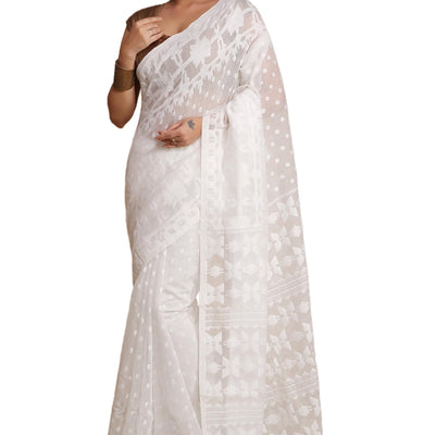 BENGAL HANDLOOM Women'S Cotton Silk Dhakai Softs Vojadi Dhakai Jamdani Sarees (Wite White)