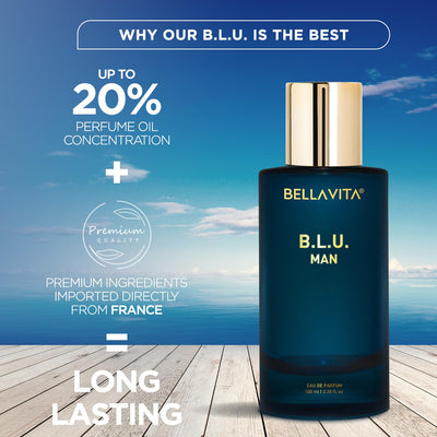 Bella Vita Luxury B.L.U Man Eau De Parfum Perfume with Lemon, Black Pepper, Orris, Musk|Premium, Long Lasting Fresh Aromatic Fragrance for Men, 100 ML