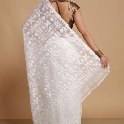 BENGAL HANDLOOM Women'S Cotton Silk Dhakai Softs Vojadi Dhakai Jamdani Sarees (Wite White)