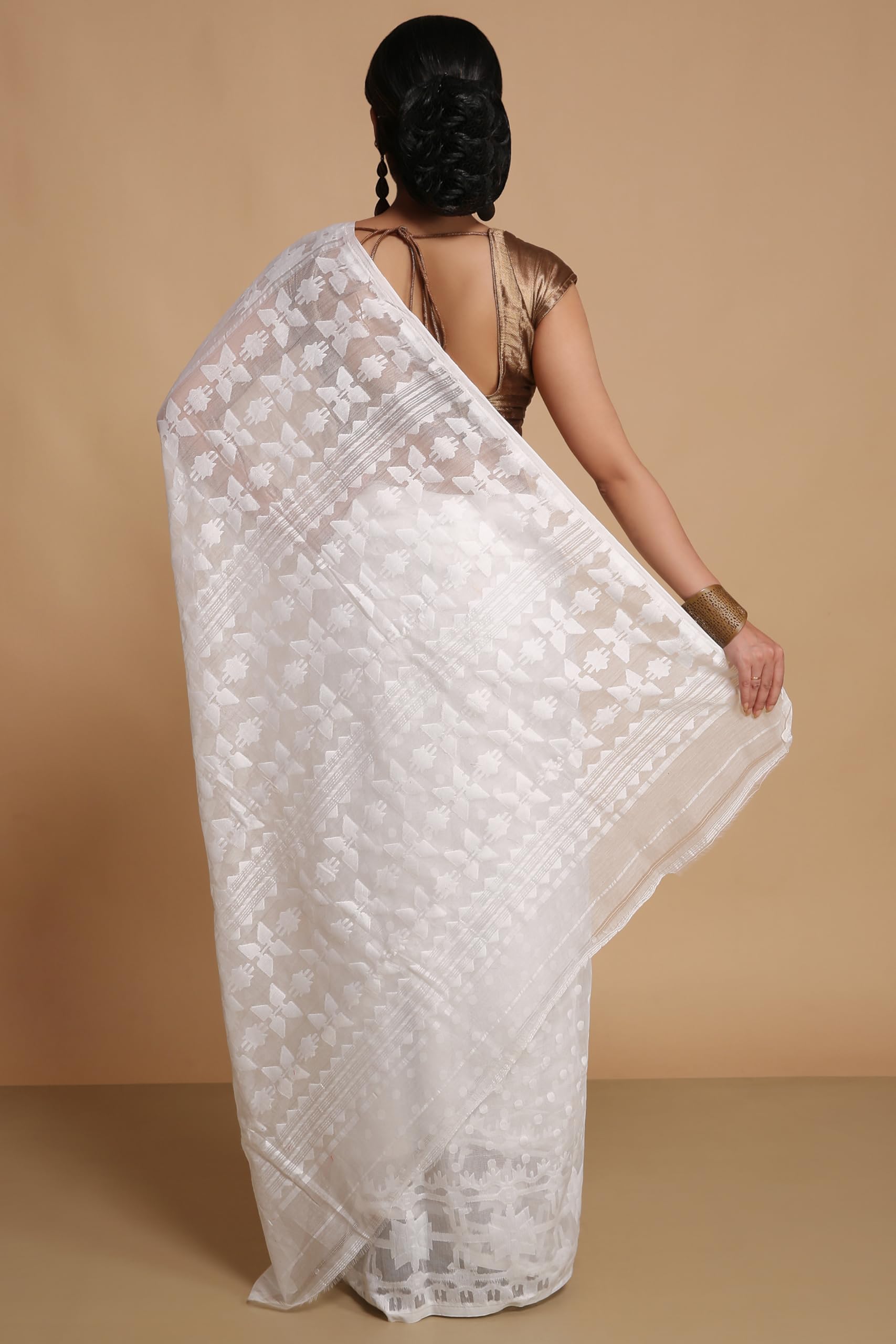 BENGAL HANDLOOM Women'S Cotton Silk Dhakai Softs Vojadi Dhakai Jamdani Sarees (Wite White)