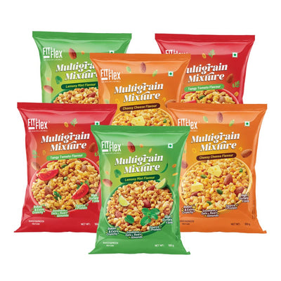 Fit & Flex Baked Multigrain Lemony Mint, Tangy Tomato & Cheesy Cheese Namkeen Mixture, Healthy Snacks With Zero Cholesterol, Tasty Party Snacks - As Seen on Shark Tank India - 100 g (Pack of 6)