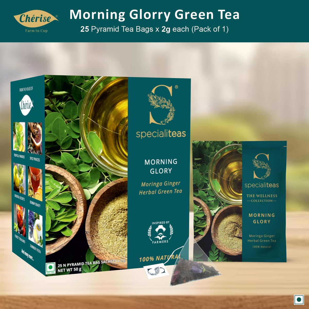 Cherise Specialiteas Morning Glory Moringa Ginger Herbal Green Tea (2 g x 25 Pyramid Tea Bags)