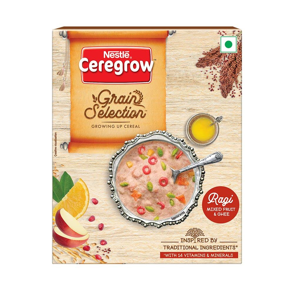CEREGROW Nestle Grain Selection - Ragi Mixed Fruit & Ghee, Cereals For Kids - Bag-In-Box Pack, 300G