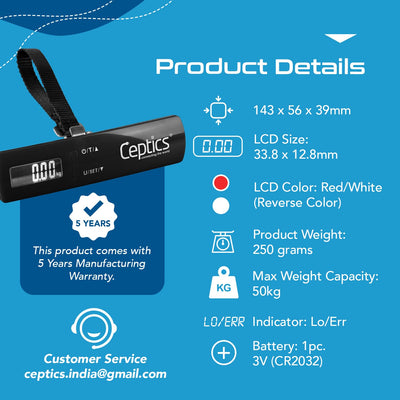 Ceptics weight machine for luggage weighing scale, luggage weighing scale capable capacity up to 50 Kg, weighing machine for luggage with LCD display luggage scale for bags, home, shop - BLACK