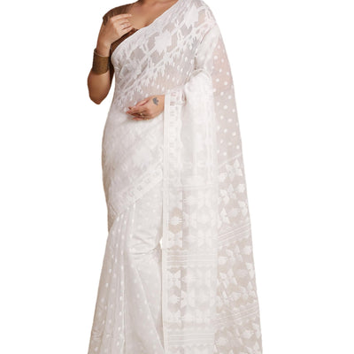 BENGAL HANDLOOM Women'S Cotton Silk Dhakai Softs Vojadi Dhakai Jamdani Sarees (Wite White)