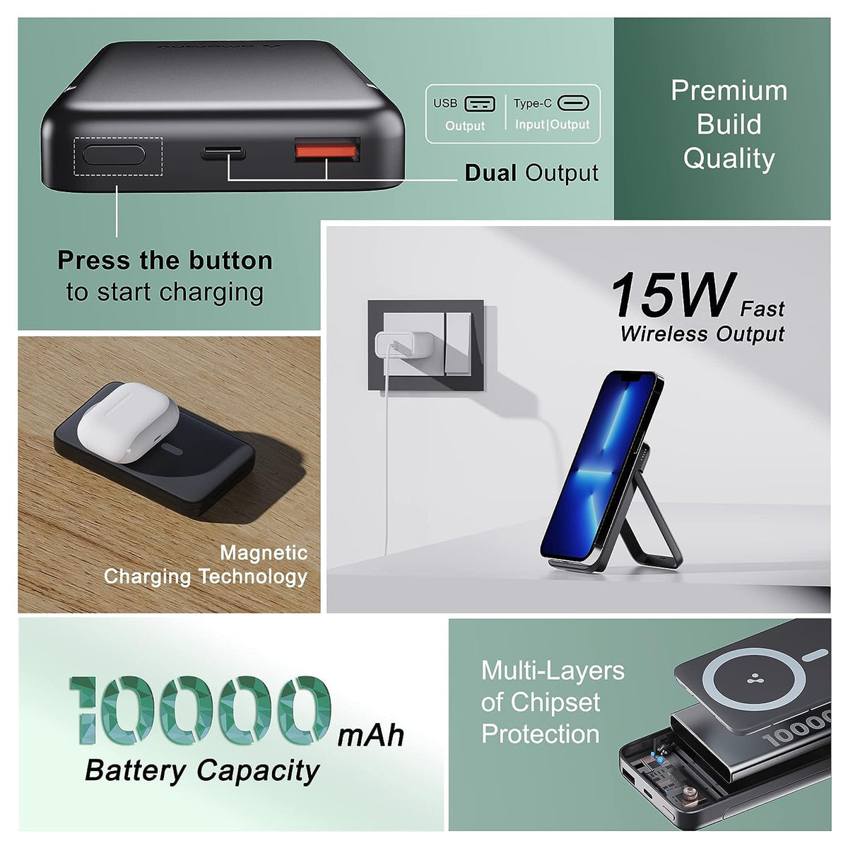 Ambrane 10000mAh Magnetic Wireless Power Bank for iPhone 12 & Above, 22.5W Wired + 15W Wireless Charging, Mobile Stand, Type C PD (Input & Output), Li-Polymer (Aerosync PB 10, Black)