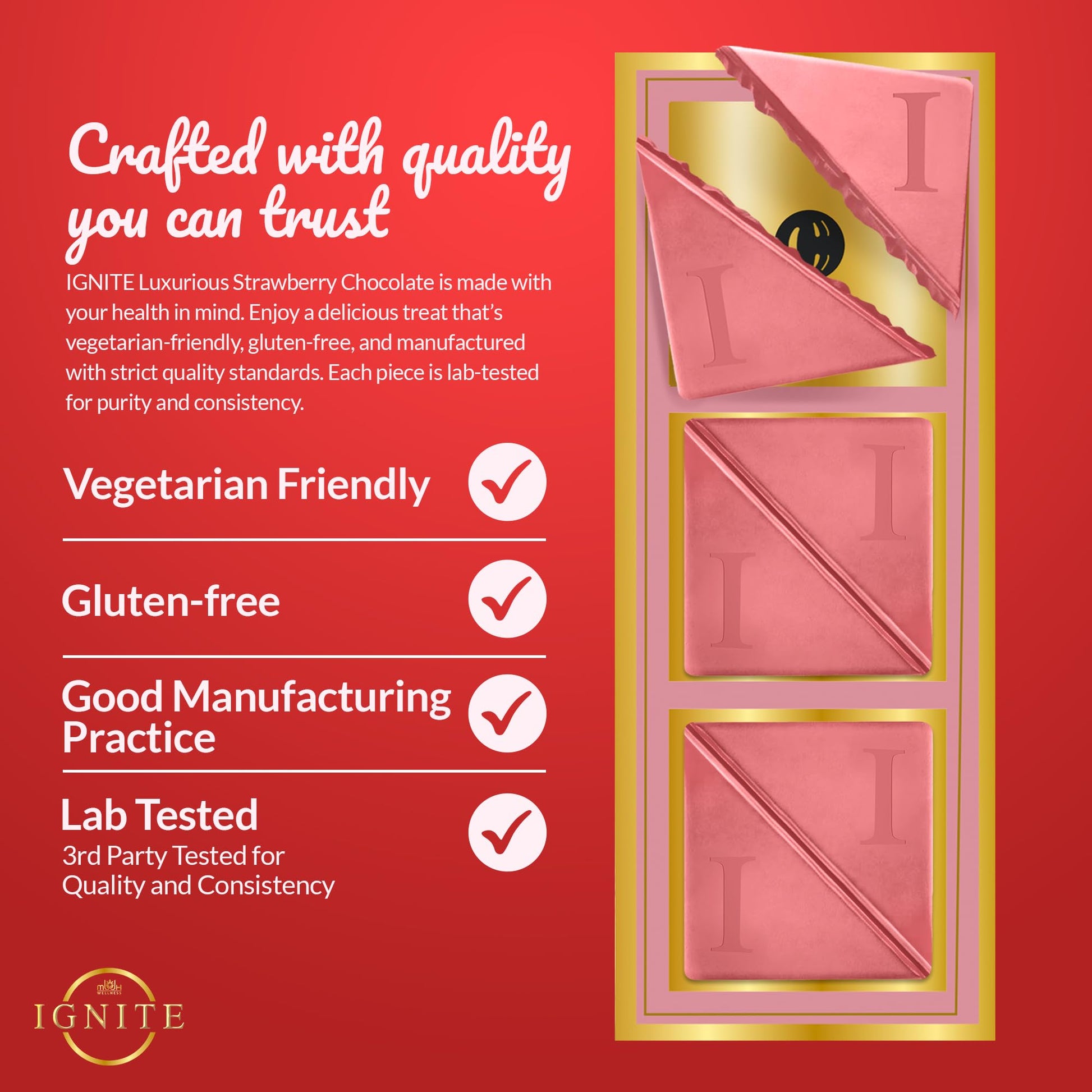 MBDH Wellness Ignite Chocolate Bars(1 Box) Luxurious Strawberry Flavour Chocolate For Uplifting Mood & Vitality Ideal For Men & Women,Vegetarian And Gluten-Free Delight,110 Grams