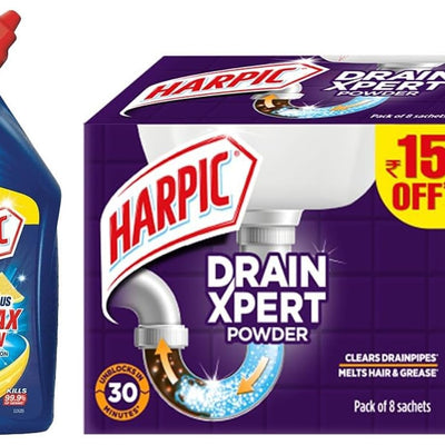 Harpic Disinfectant Toilet Cleaner Liquid, Orange - 1 L & Harpic Drain Xpert Drain Cleaner Powder (50g x 8) | Effective Sink Cleaner, Drain Blockage Remover, Drain Pipe Cleaner