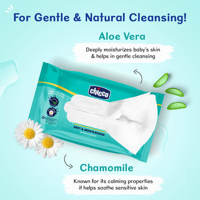 Chicco Soft Cleansing Wet Baby Wipes, Ideal for Nappy, Face and Hand, Dermatologically Tested, Paraben Free, Sticker Pack of 6 (72 Sheets per Pack) 432 pcs