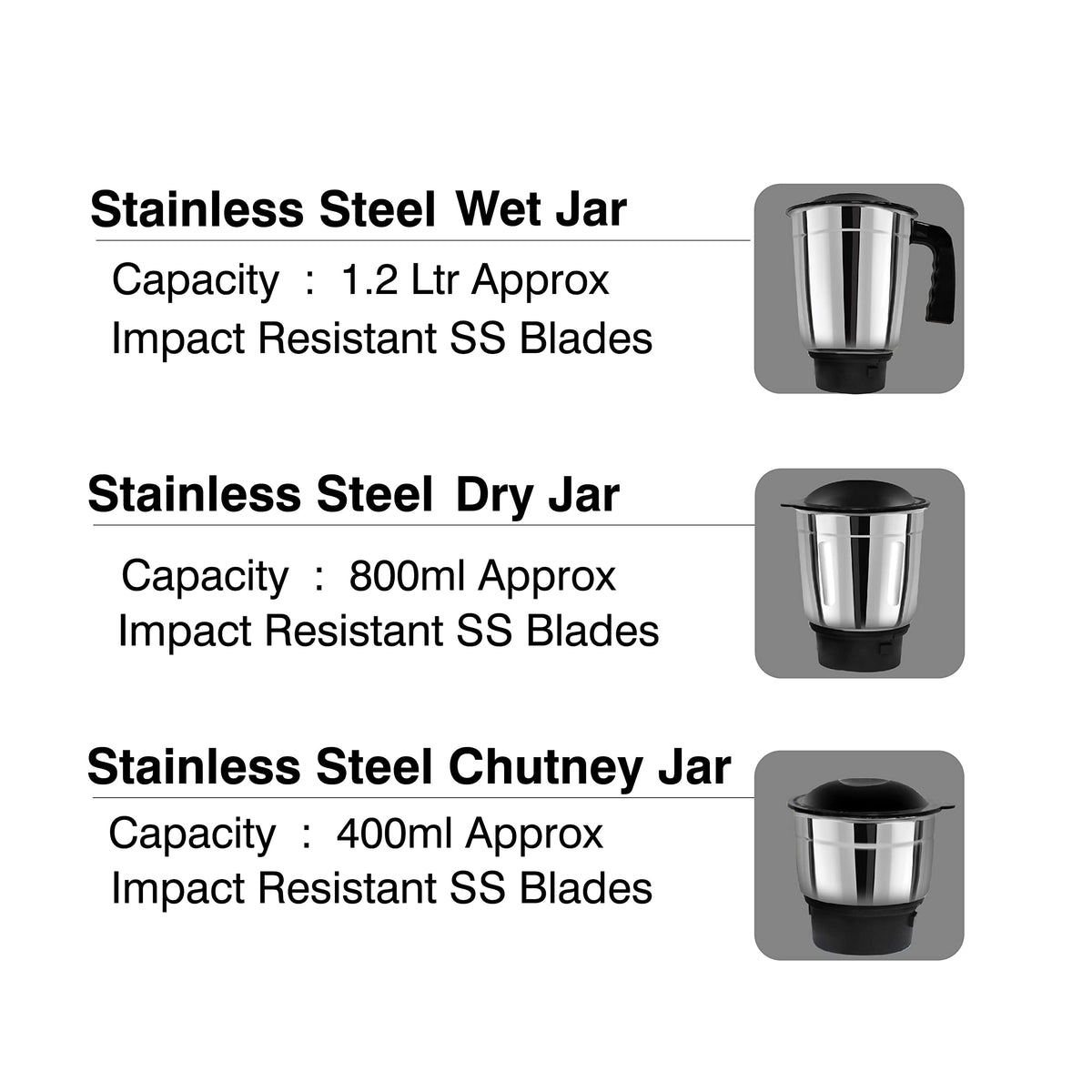 Cello Crown Grind-N-Mix Mixer Grinder 500Watt with 3 Stainless Steel Jars, Black