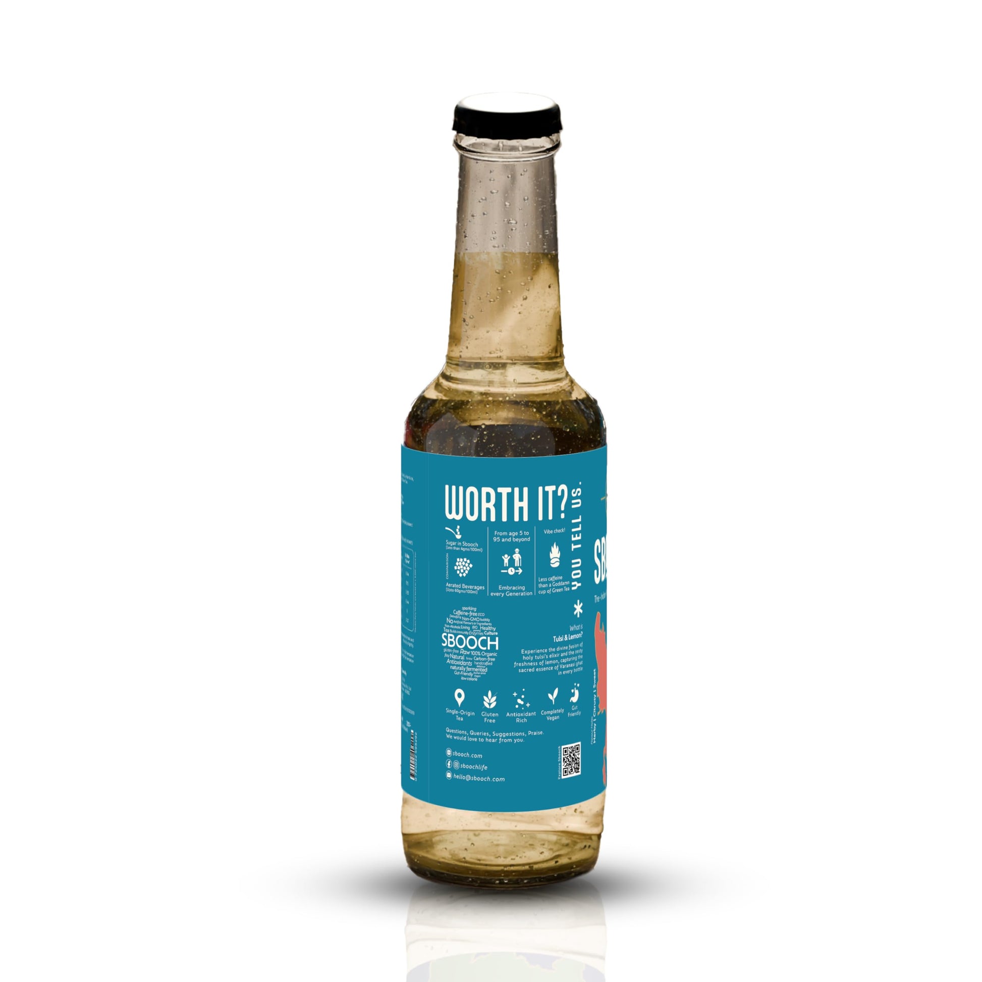 SBOOCH - Indian Sparkling Kombucha Tea | Tulsi & Lemon Flavor |275ml Pack of 6| Gut-Friendly Beverage | Antioxidant-Rich Zero Preservatives | Alcohol-Free Fermented Tea | Vegan & Gluten-Free