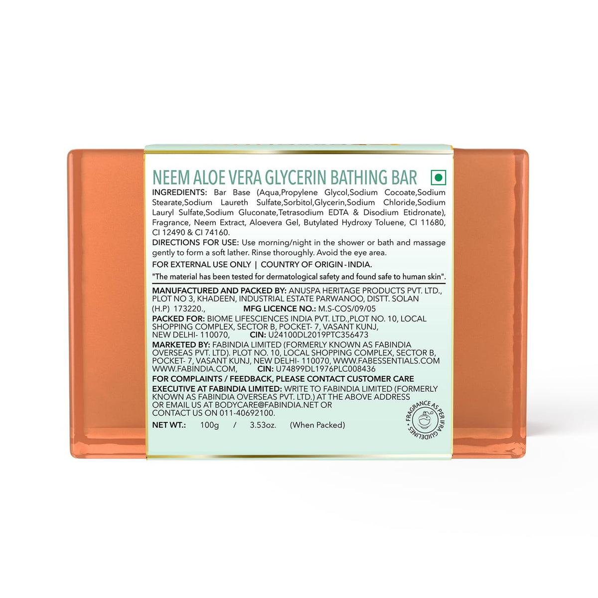 8x Fabessentials Neem Aloe Vera Glycerin Bathing Bar | with Natural Bioactives | for Cleansing, Nourishing and Refreshing Skin | Vegan & Toxin Free - 100 gm Pack of 8