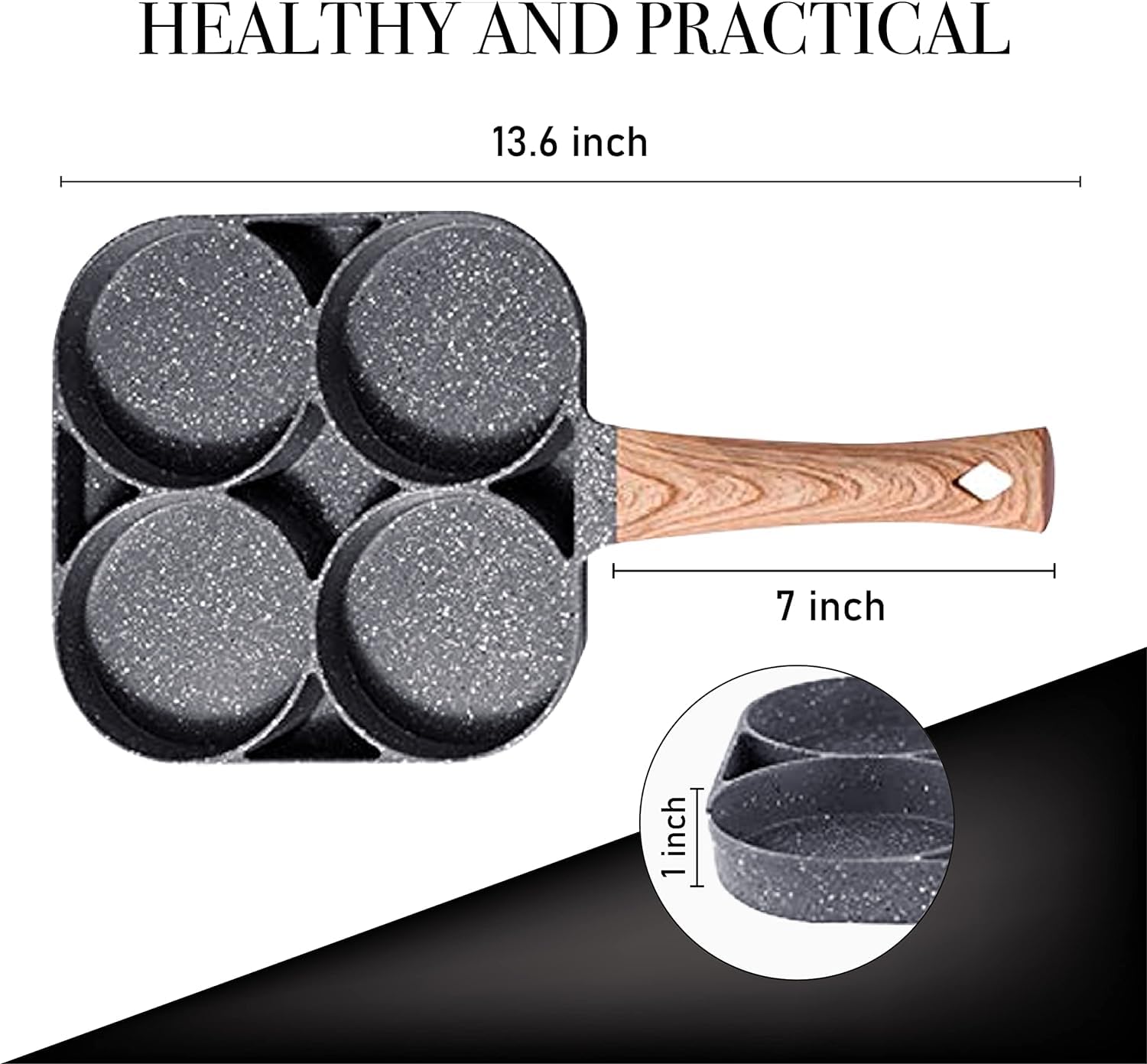 Cazuela 4 Cups Egg Pan Omelette Pan Frying Pan Egg Frying Pan 4 Cup Crepe Pan Granite Egg Cooker Breakfast Pancakes Pan Suitable for Gas Stove & Induction Cookware (Wood Grain Handle)