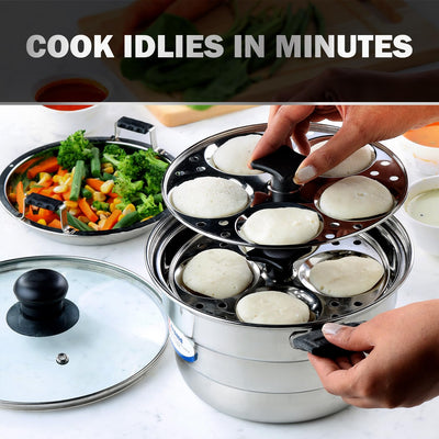 Cello Aroma Stainless Steel Idli Pot with Glass Lid with Multiple Plates 22cm, Silver, 3.5 liter | Compatible With Gas Stove & Induction | Ideal For Dhokla, Patra, Idli, and Momos
