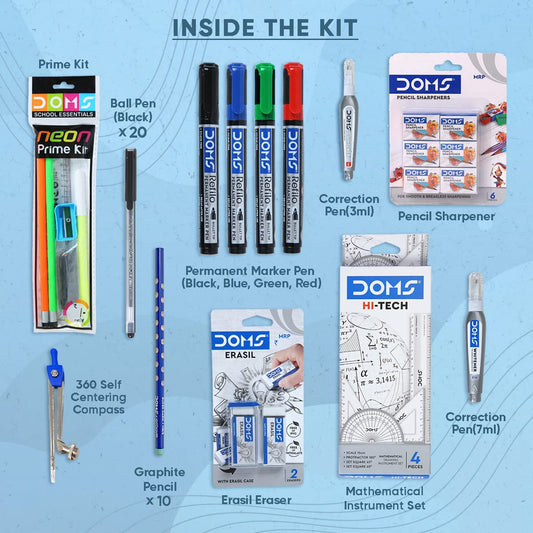 DOMS Stationery Smart Kit | Best for School, College & Office | 47 Assorted Items | Markers, Graphite Pencil, Ball Pen, Compass, Instrument Box | DOMS Stationery | Stationery Items for School & Office