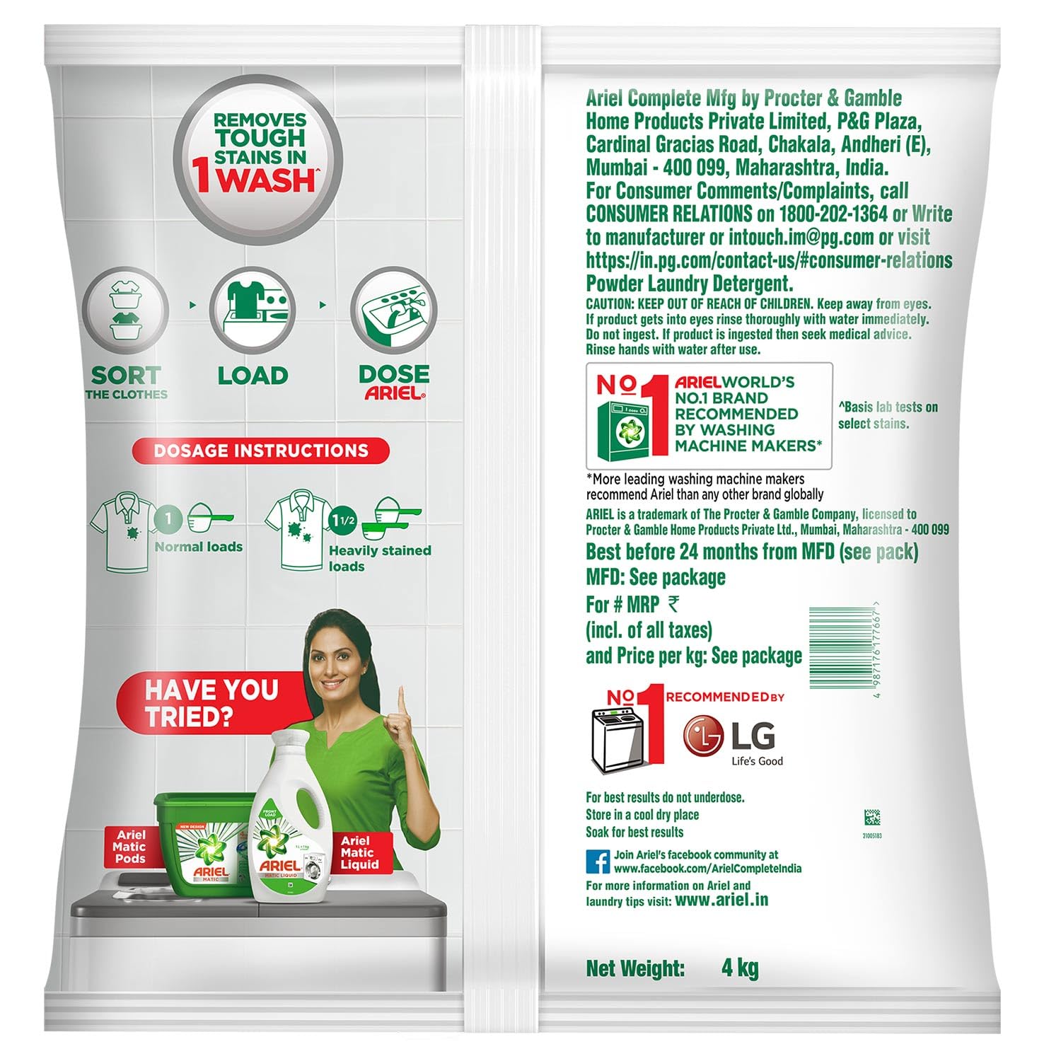 Ariel Complete Detergent Washing Powder- 4Kg Value Pack