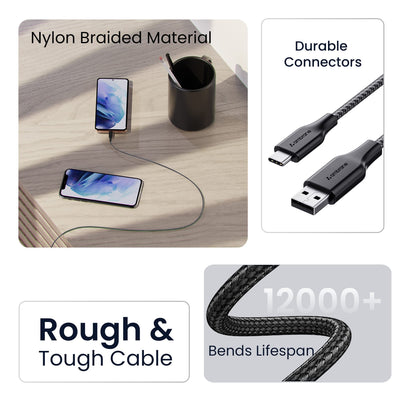 Ambrane Unbreakable 60W / 3A Fast Charging 1.5m Braided Type C Cable for Smartphones, Tablets, Laptops & other Type C devices, PD Technology, 480Mbps Data Sync, Quick Charge 3.0 (RCT15A, Black)