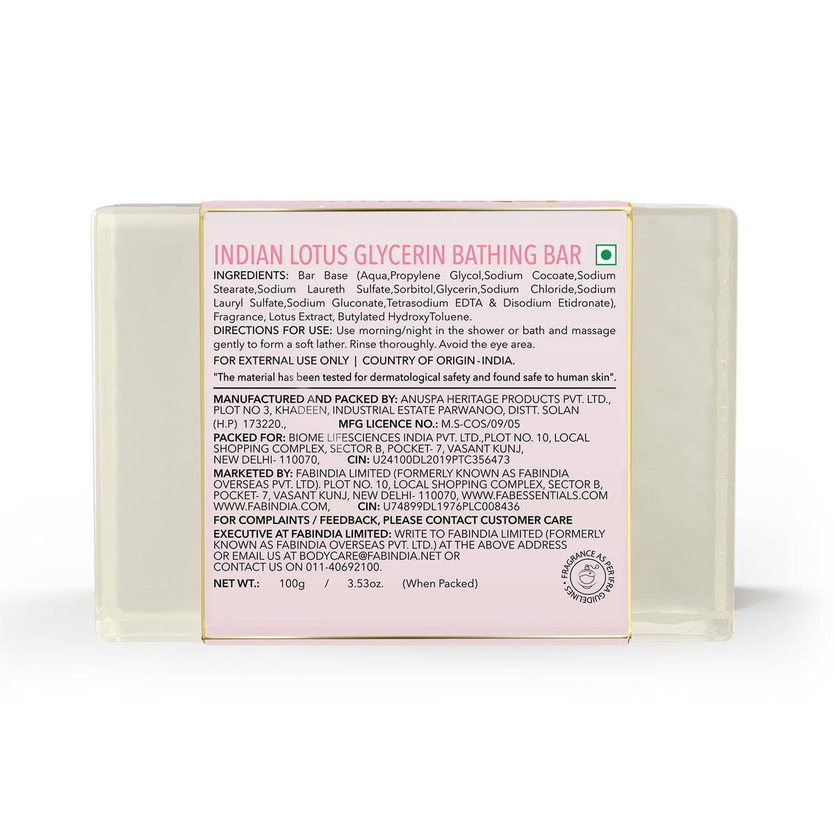 8x Fabessentials Indian Lotus Glycerin Bathing Bar | with Natural Bioactives | for Cleansing, Nourishing and Rejuvenating Skin | Vegan & Toxin Free - 100 gm Pack of 8