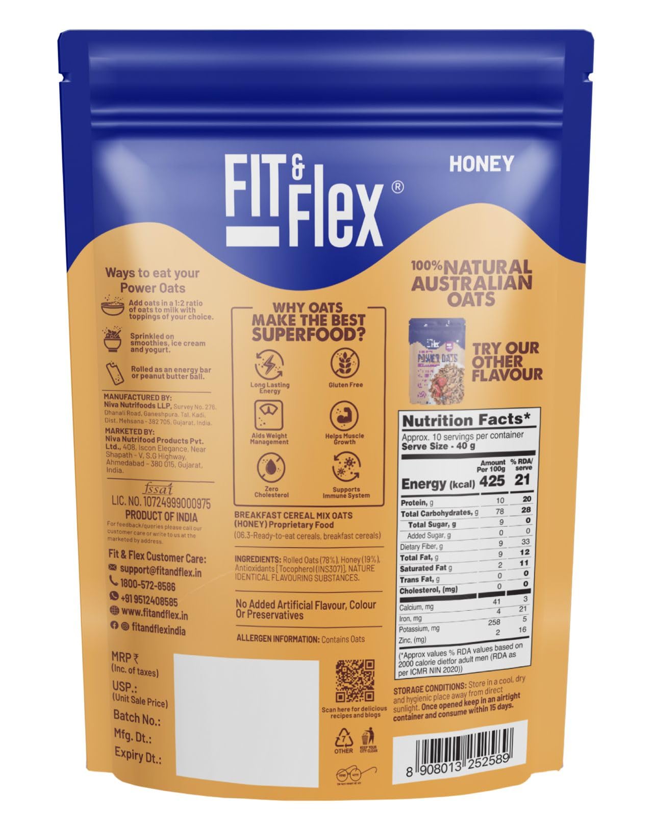 FIT & FLEX High Protein Ready To Eat Oats, Baked Peanut Butter Chocolate & Honey Oats, Zero Refined Sugar, Gluten Free & Preservative Free - As Seen on Shark Tank India - (400 g Each) Assorted Combo Pack of 2