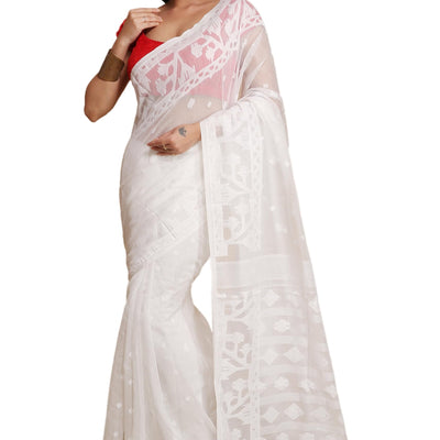 BENGAL HANDLOOM Women's Cotton Silk Dhakai Exclusive Softs Dual Color Jamdani Sarees (White White)