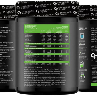 Carbamide Forte Pre Workout for Men & Women | Pre Workout Supplement Powder | Preworkout Supplements For Men For Energy, Focus & Strength | Pre-Workout For Men & Women GreenApple Flavour | Pre Workout For Women With 40 Servings - 200g