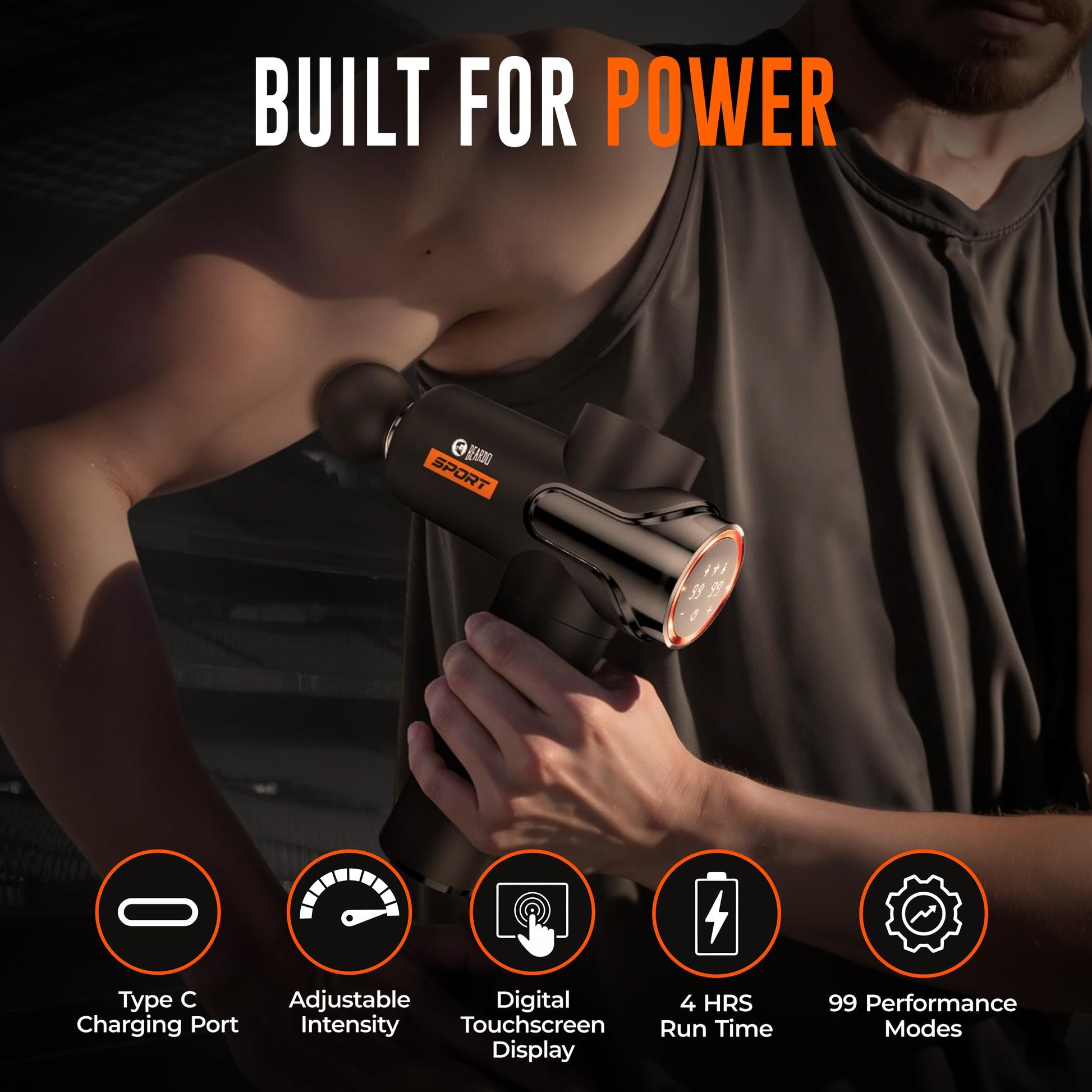 Beardo Deep Tissue Massage Gun | Sports Massager | Full Body Massager Machine for Pain Relief | 99 Performance Modes | Massage Machine for Body Pain | Faster Muscle Recovery with Multiple Attachments